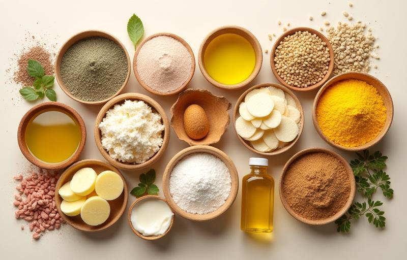 Assortment of raw materials like oils, butters, and herbs